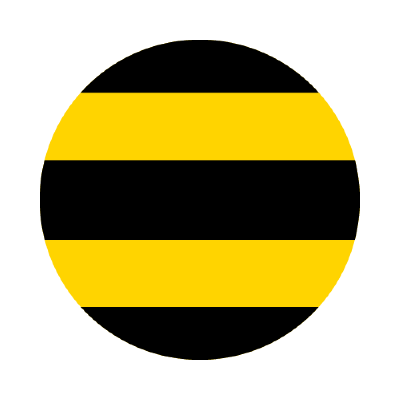 A circular graphic with horizontal black and yellow stripes on a black background.