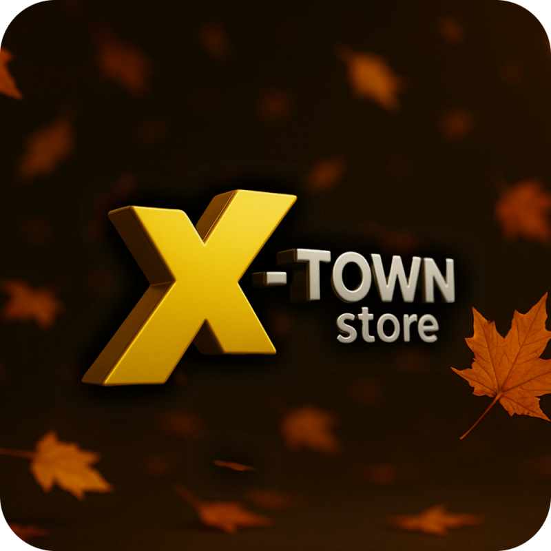 The image features a 3D logo for "X-TOWN store" in gold and white against a dark background with blurred autumn leaves.