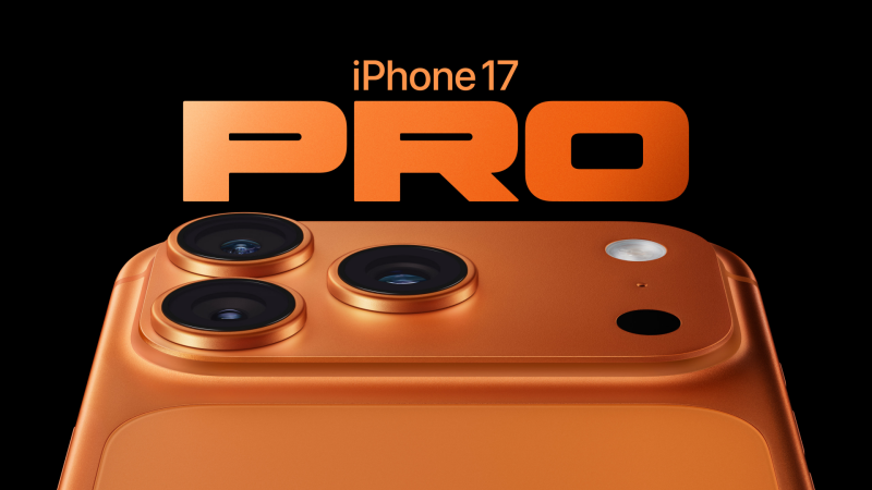 An orange iPhone 17 Pro is shown with three camera lenses and the text 'iPhone 17 PRO' in an orange hue against a black background.