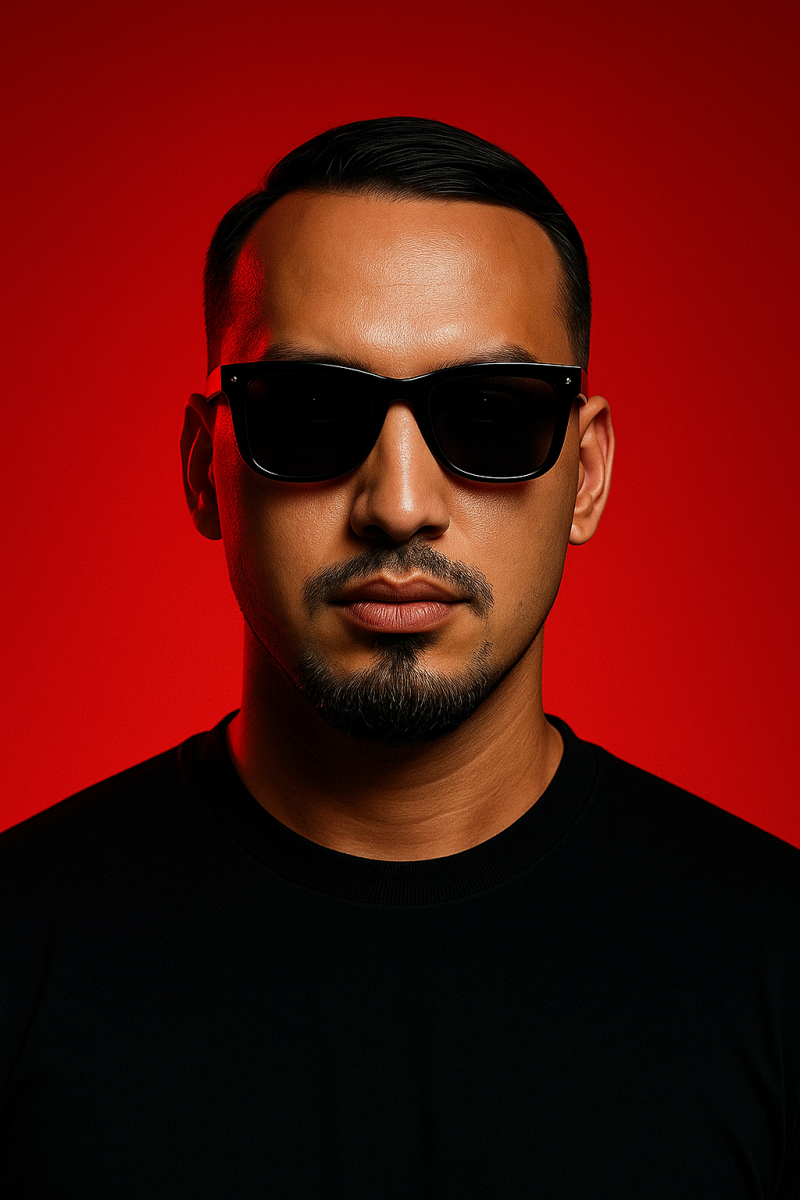 A portrait of a man with a beard and sunglasses, wearing a black shirt against a red background.