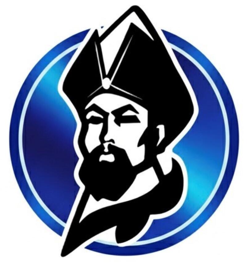 The image features a black and white illustration of a bearded man wearing a peaked hat, set against a blue gradient circle with a white border.