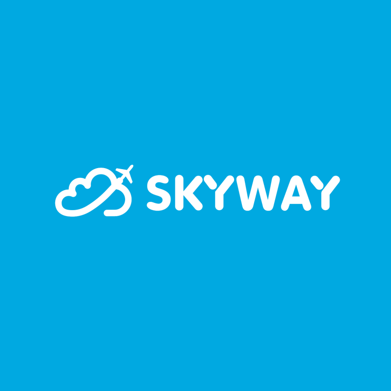 The image features the word "SKYWAY" in white, next to a logo of a cloud with an airplane flying through it, all against a blue background.