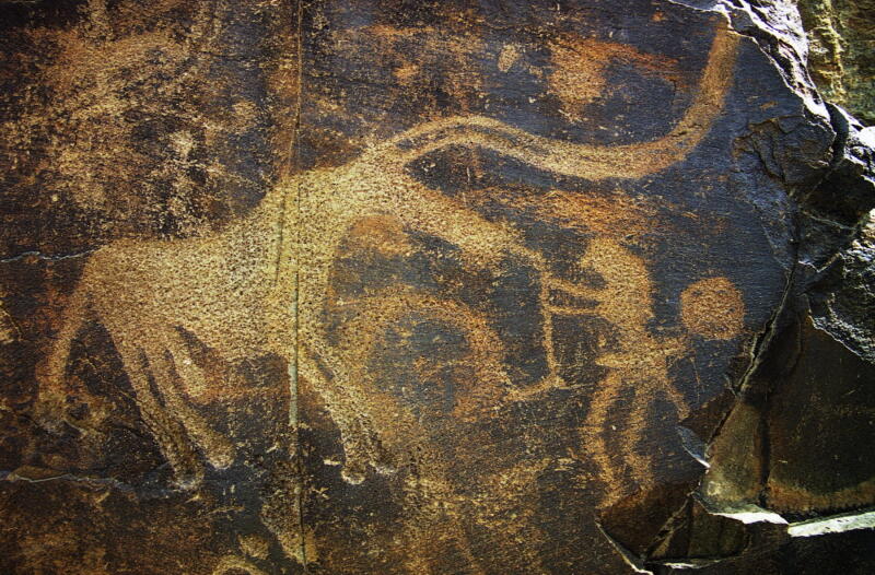 A petroglyph on a dark rock surface features a faded, light-colored drawing of an animal with an elongated neck, accompanied by a human-like figure.