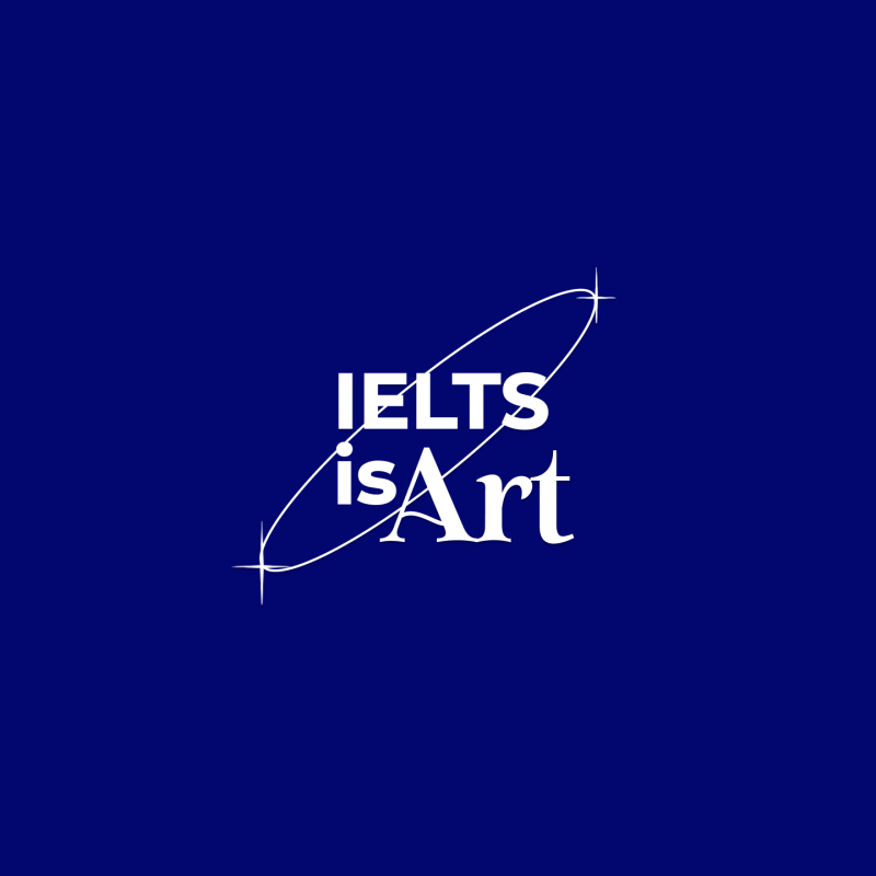 The image features the text "IELTS is Art" in white, with the word "IELTS" in a larger, bolder font than "is Art." A white, stylized orbit encircles the text, set against a dark blue background.
