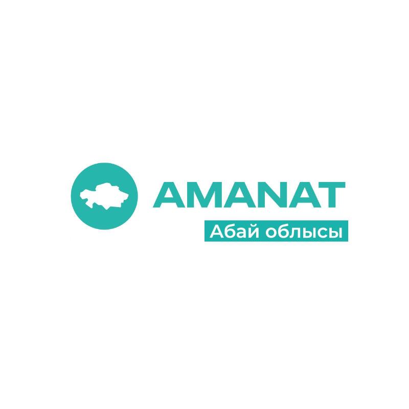 The image shows the logo for "AMANAT" with the text "Абай облысы" (Abay region). The logo includes a turquoise circle with a white map of Kazakhstan inside.