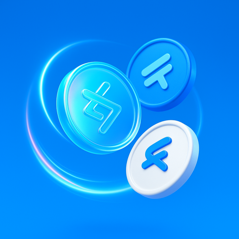 Three stylized coins with different logos float in front of a blue background with glowing rings.