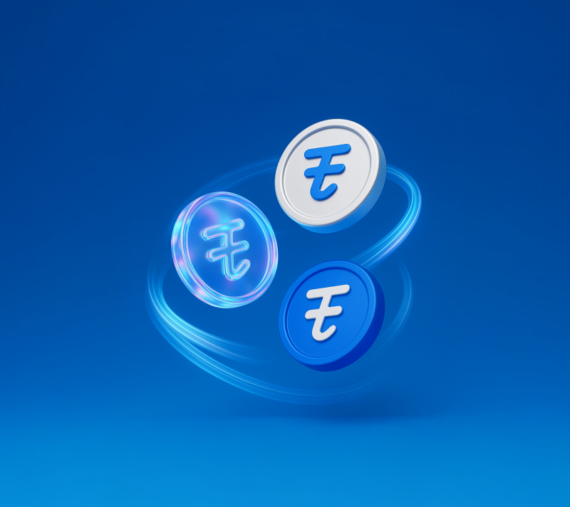 Three coins with the Tenge currency symbol are surrounded by blue light trails on a blue background.