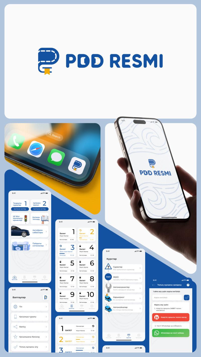 The image displays a mobile app interface with the logo "PDD RESMI" and various screens showing different functionalities, including ticket purchasing, course listings, and language settings, all designed with a consistent blue and white color scheme.