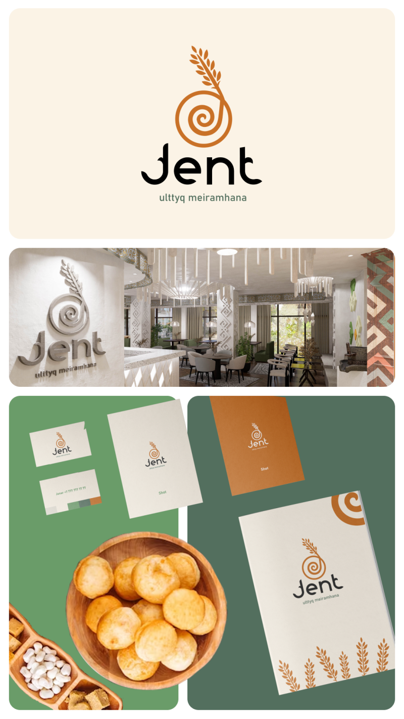 The image features a variety of promotional materials for "Jent ulttyq meiramhana", including a logo, interior shot, business cards, menus, and a bowl of baursaki.