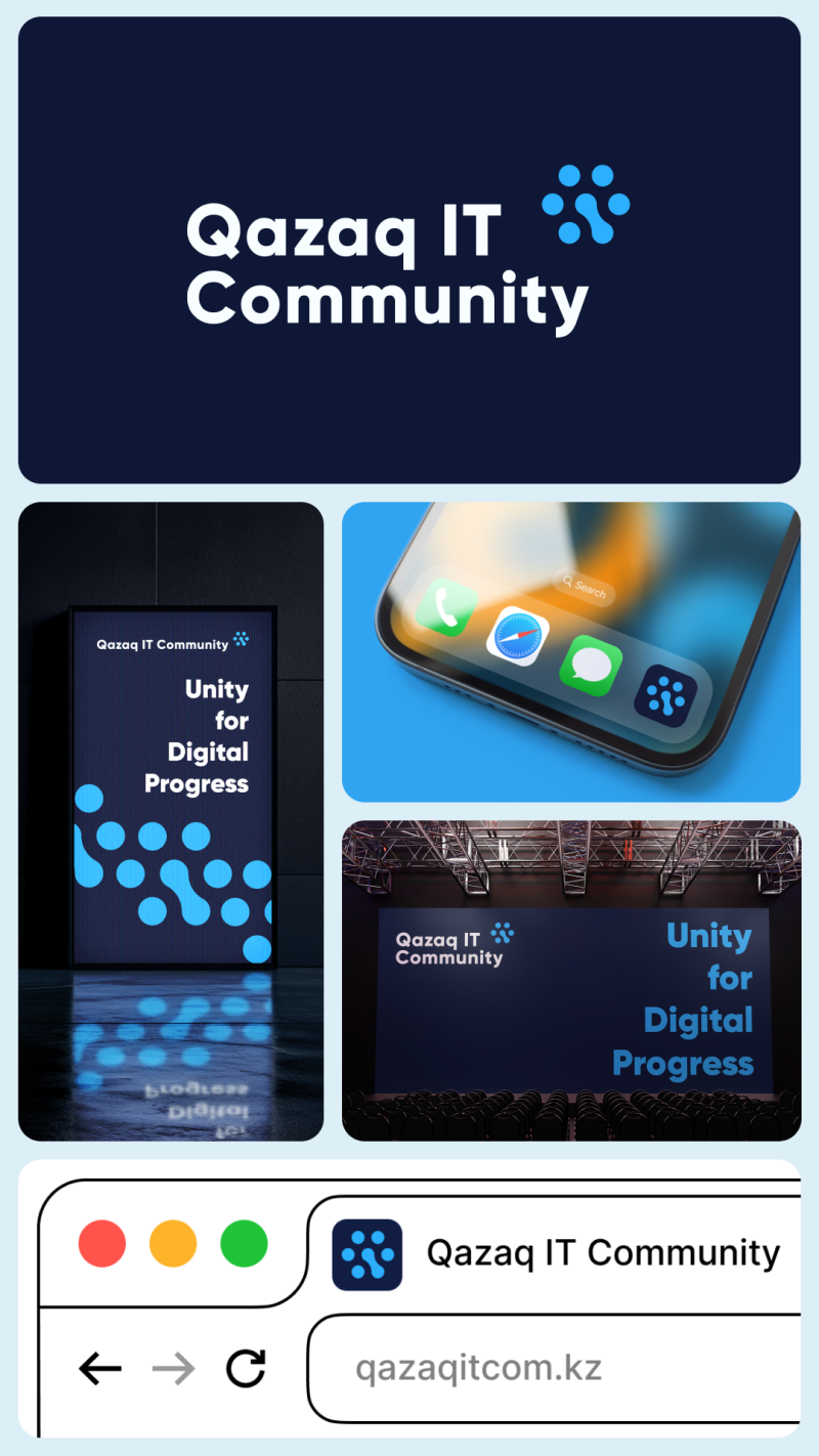 The image contains multiple graphics featuring the “Qazaq IT Community” logo and text “Unity for Digital Progress”, displayed across various contexts like a poster, a phone screen, and a stage backdrop, along with a web browser interface showing the domain qazaqitcom.kz.