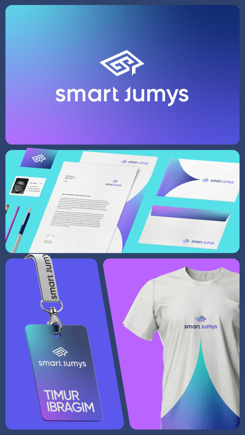 The image showcases a company branding concept, including a logo of a stylized geometric shape above the text "smart Jumys" on a gradient background, a business card, letterhead, and envelope, an ID badge with the name "TIMUR IBRAGIM", and a t-shirt with the logo.