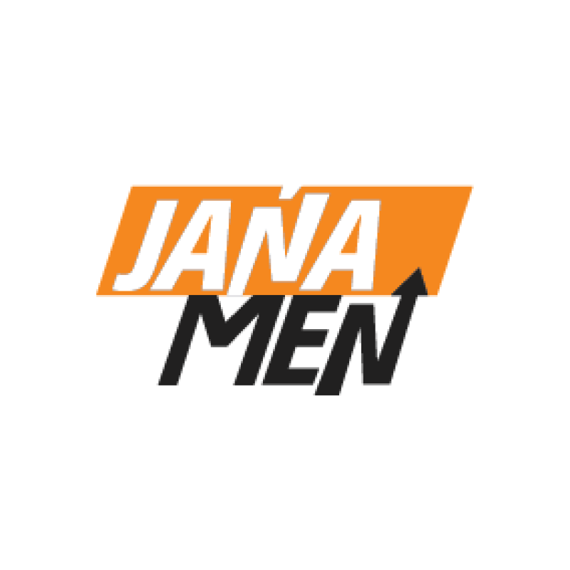 На изображении логотип "JAÑA MEN", где "JAÑA" белым цветом на оранжевой полосе, а "MEN" темно-серым цветом под ним.