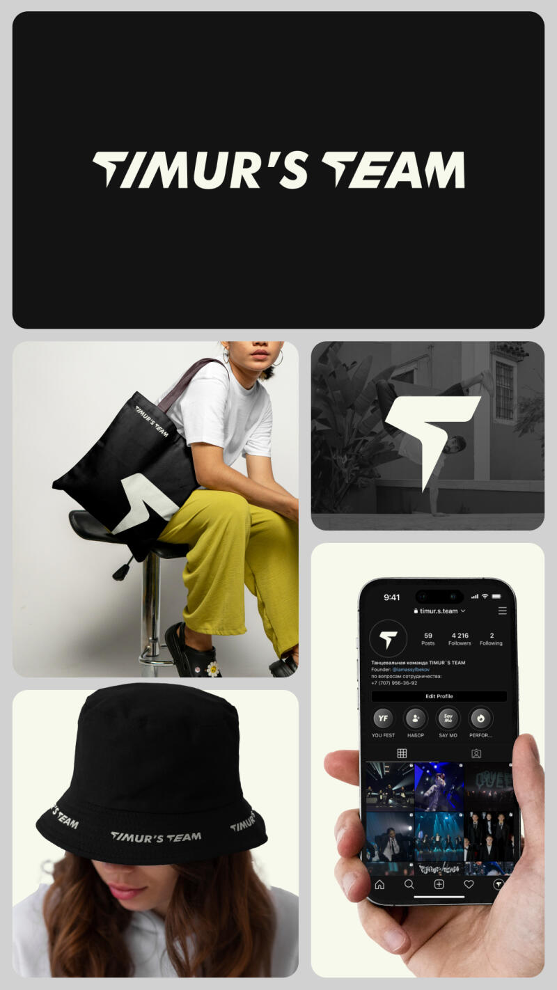 The collage showcases the brand "Timur's Team" through various visuals: the brand's logo, a model with a branded tote bag and bucket hat, a logo design, and a phone displaying the brand's Instagram profile with posts, followers, and contact information.