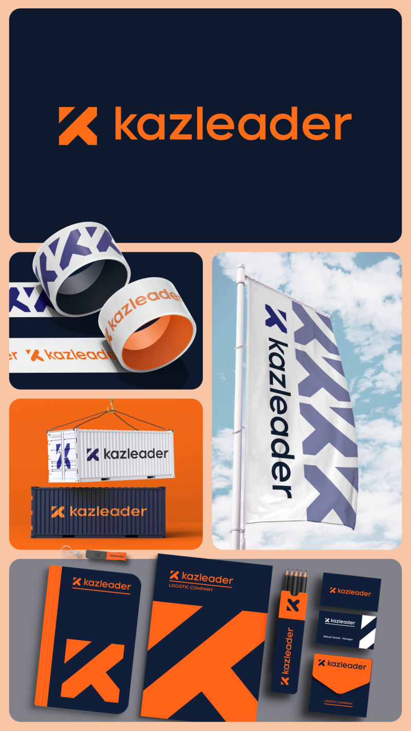 The image displays a collection of branded items featuring the 'Kazleader' logo, including stationery, containers, and a flag, all set against a peach-colored background.