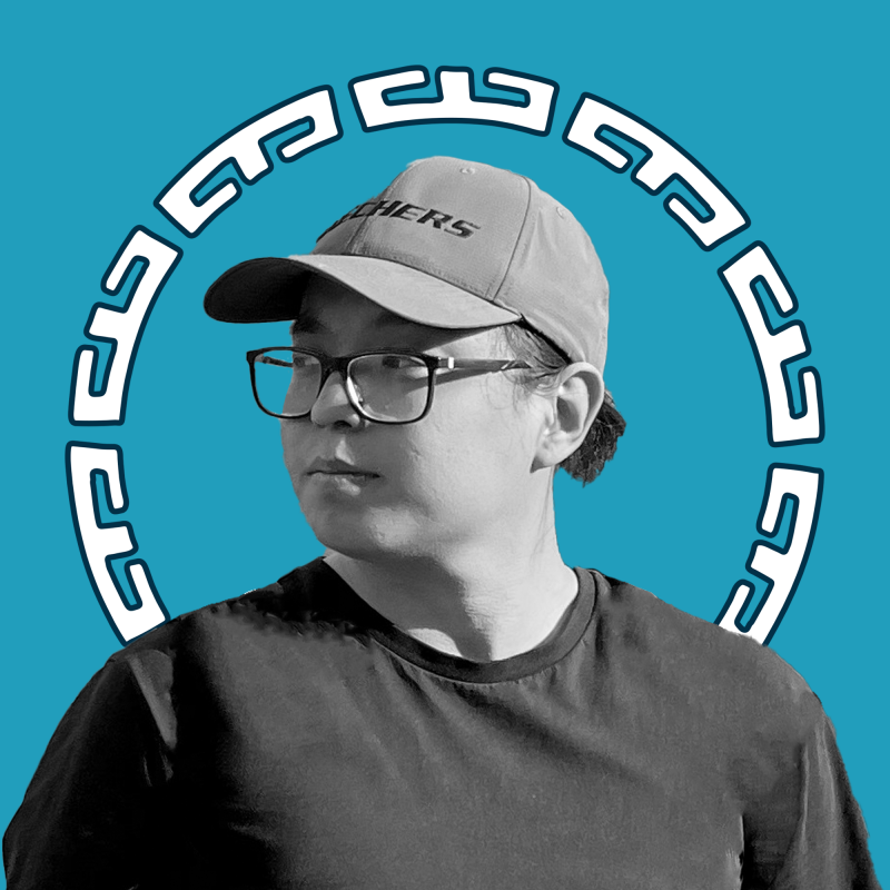 A grayscale portrait of a person wearing glasses and a cap with the text 'CHERS', set against a blue background with a circular white pattern.