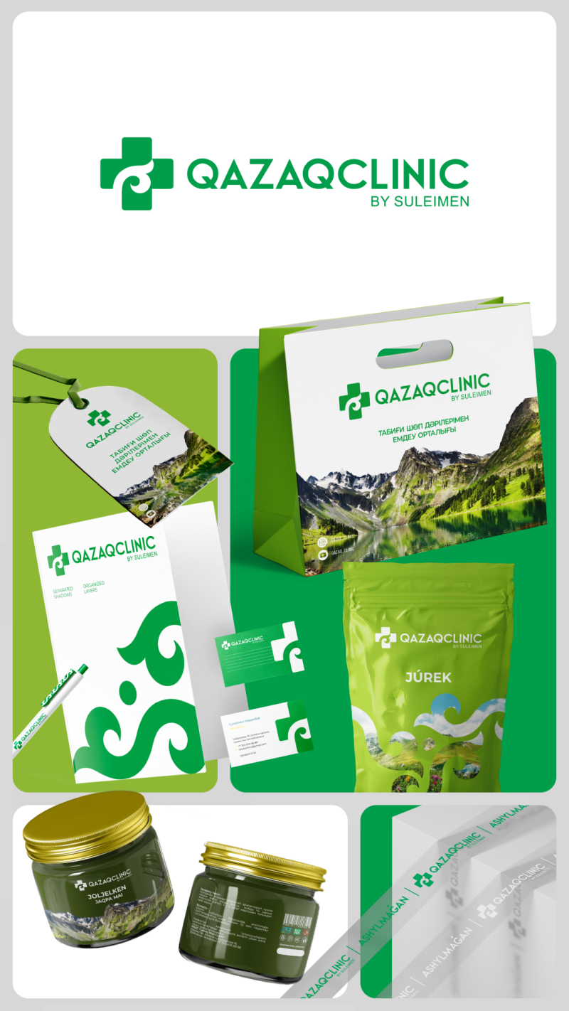 A mock-up presenting a brand identity package for “QAZAQCLINIC by Suleimen,” featuring a logo with a stylized green cross, a shopping bag, product packaging with a landscape image, business cards, and jars with golden lids.