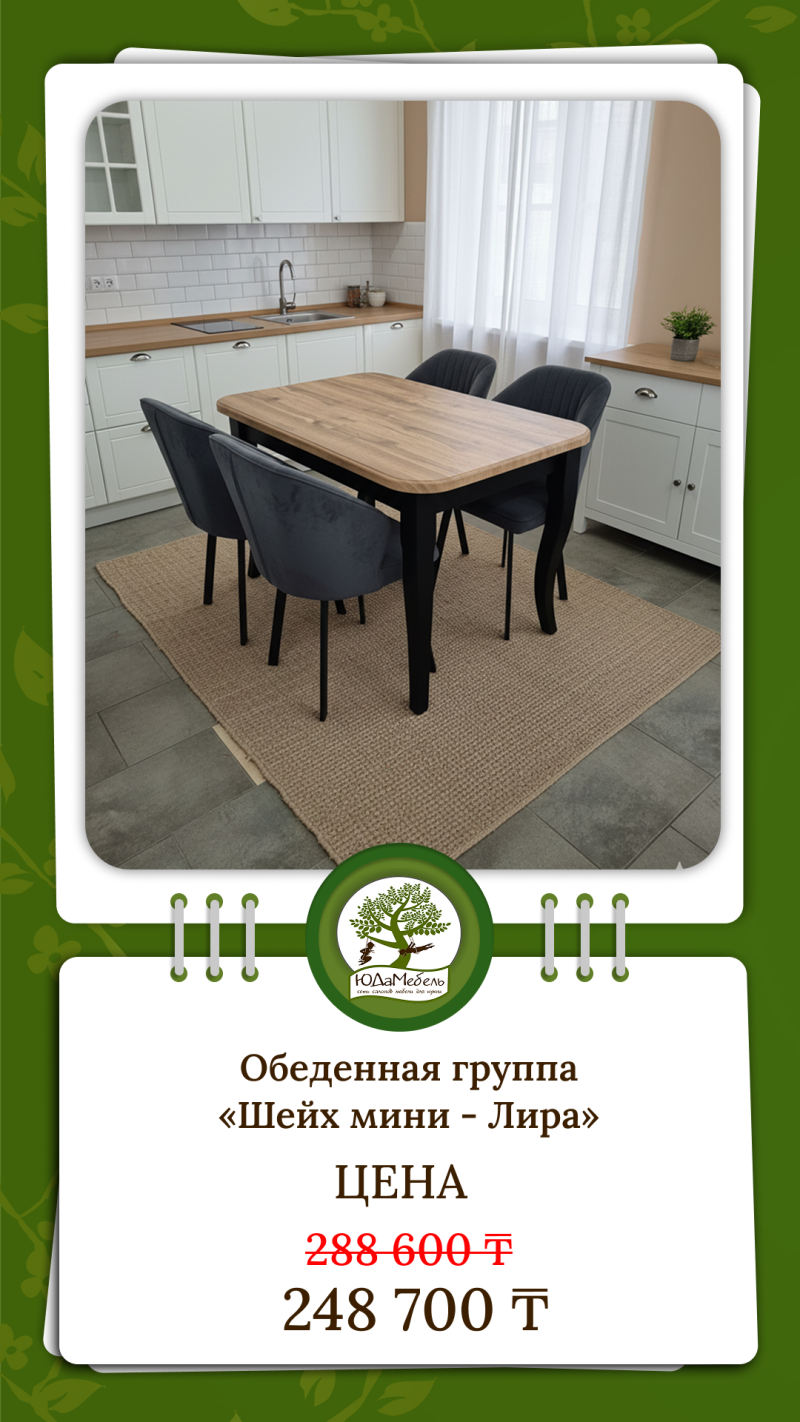 An advertisement shows a dining set with a wood-topped table and four blue chairs on a straw rug, set in a kitchen, with the text "Dining group 'Sheikh mini-Lira' PRICE 288 600 ₸ 248 700 ₸".