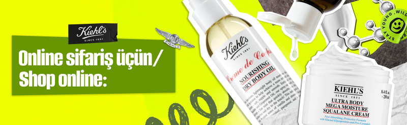 The image shows an advertisement for Kiehl's products, including dry body oil and squalane cream, with the text "Online sifariş üçün/Shop online:".