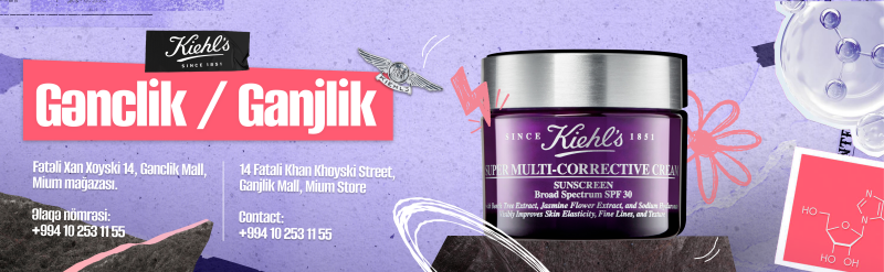 The image displays a Kiehl's product advertisement with the text "Gənclik / Ganjlik", address information, contact number, and product details for "Super Multi-Corrective Cream Sunscreen Broad Spectrum SPF 30".