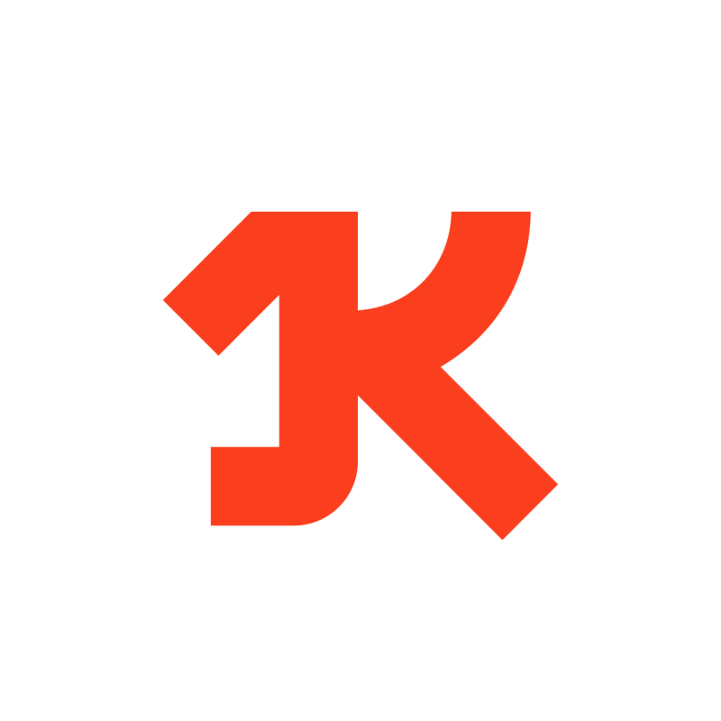 An orange abstract logo combines the number '1' and the letter 'K' on a white background.