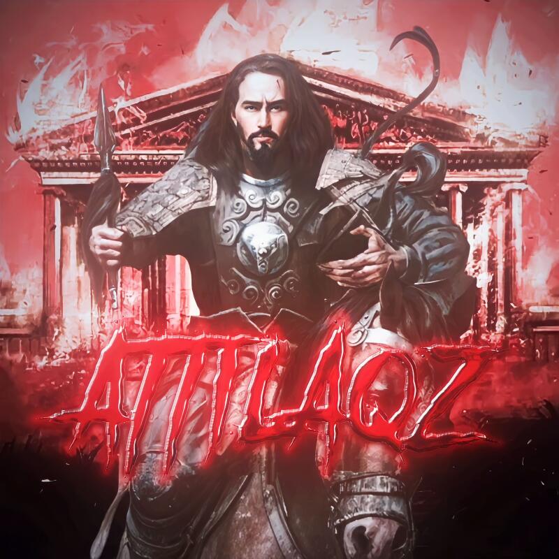 An illustration features a man on horseback in armor, holding a spear, with the name "ATILLA.OZ" in red text overlaying the image. A building is visible in the background against a red, fiery sky.