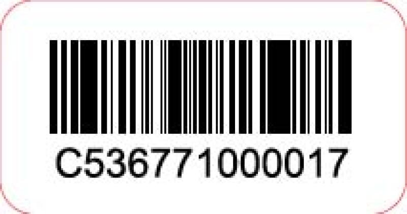 The image shows a barcode and the number C536771000017 on a white label with rounded corners and a red outline.