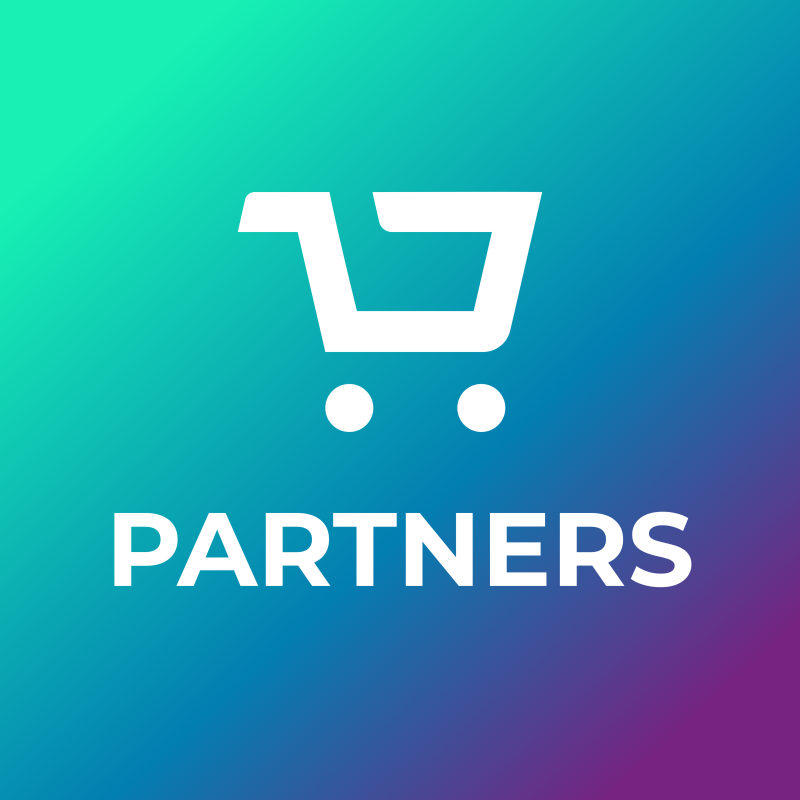 The image features a white shopping cart icon above the word "PARTNERS" in white, set against a gradient background that transitions from green to blue to purple.