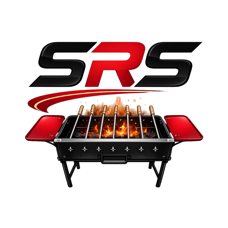 The image features a barbecue grill with skewers over flames, below the text "SRS" in black and red, underscored by a red swoosh, all on a black background.