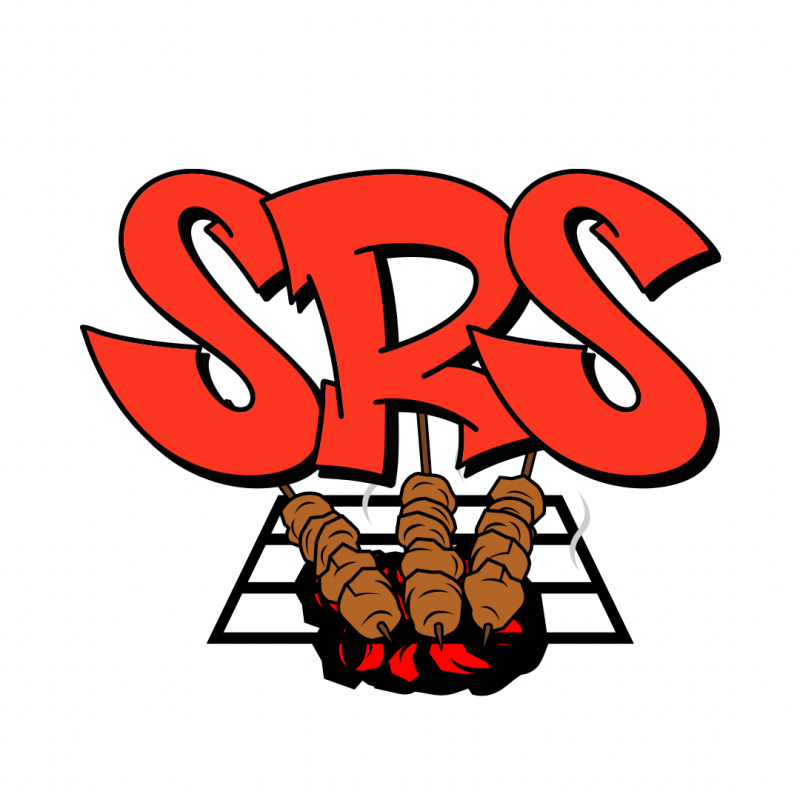 The image shows the red letters "SRS" above three skewers of meat cooking on a grill with red coals.