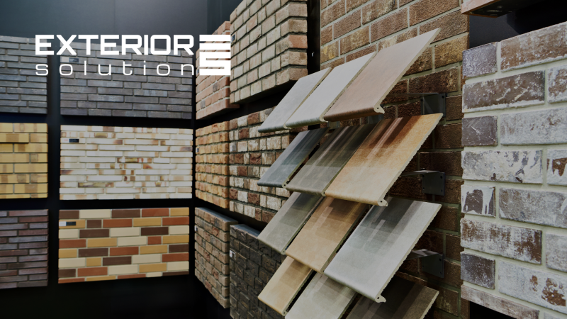 The image displays a variety of brick patterns and color samples, alongside the text "EXTERIOR solution" in the upper-left corner.