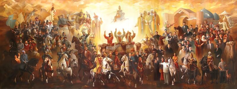 A painting shows a large group of people and horses with a light-filled background, featuring both historical figures on horseback and more modern individuals in suits and dresses.