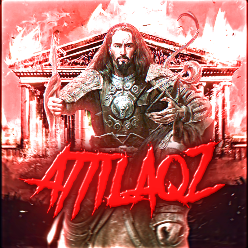 An illustration depicts a warrior in armor holding a spear and a whip against a background of a Greco-Roman temple, with the name "ATLAQZ" in red text at the bottom.