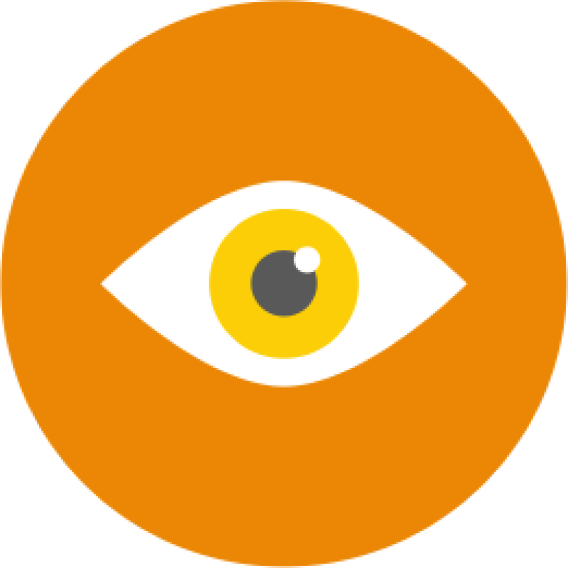 The image is a flat vector graphic featuring a white eye with a yellow iris and grey pupil inside a circular orange background.