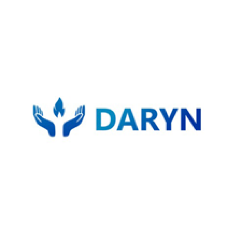 The image features a blue logo with two hands holding a flame and the word "DARYN" in blue text.