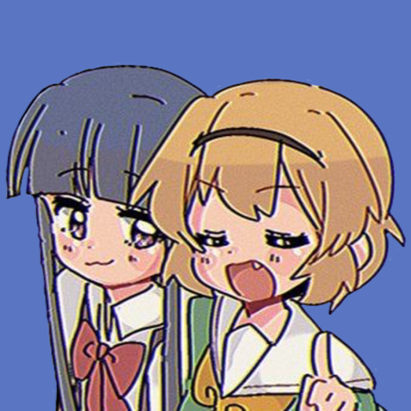 The image features two cartoon-style girls against a blue background, one with gray hair and a red bow, and the other with blonde hair and a black headband, expressing distinct emotions.