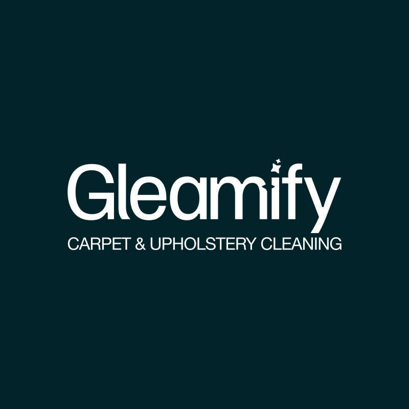 The image shows a white logo for "Gleamify CARPET & UPHOLSTERY CLEANING" on a dark teal background.