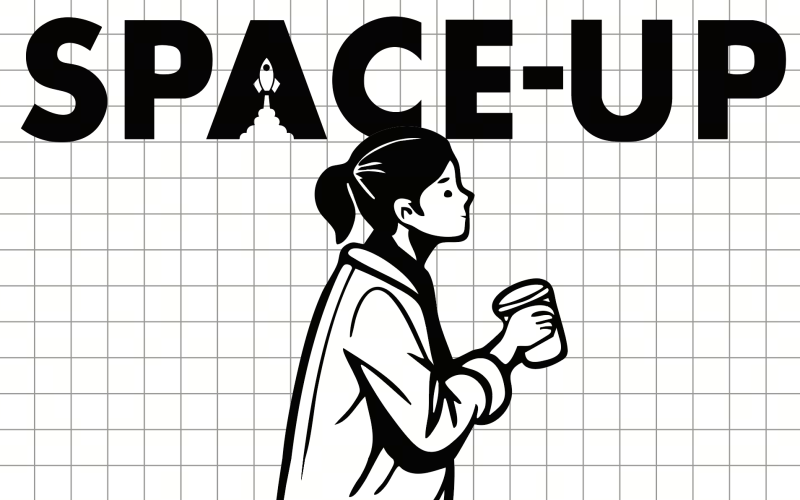 The image features a black and white drawing with the text "SPACE-UP" at the top, where a rocket replaces the "A." Below, a woman in a coat holds a cup. The background is a grid.