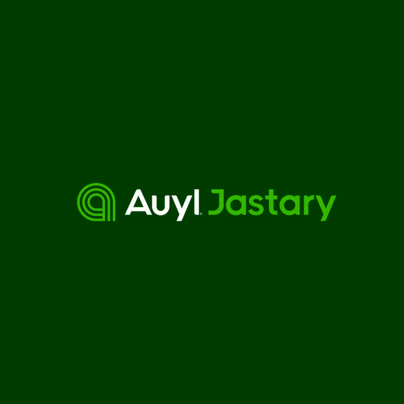 The image features the text "Auyl Jastary" with a logo on a dark green background. The word "Auyl" is in white, while "Jastary" is in a lighter green.