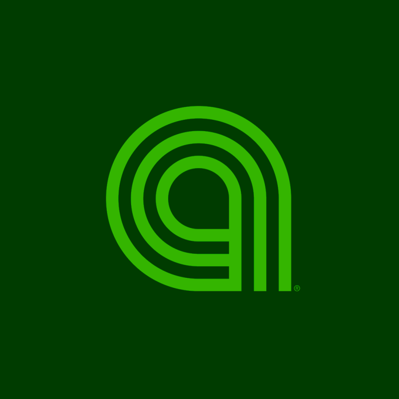 A green logo with a stylized "a" comprised of three curved lines on a dark green background.
