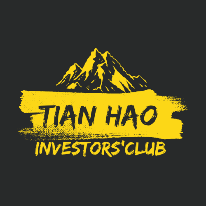 The image features a logo for "Tian Hao Investors' Club" in yellow, set against a dark gray background, with a stylized mountain range above the text.