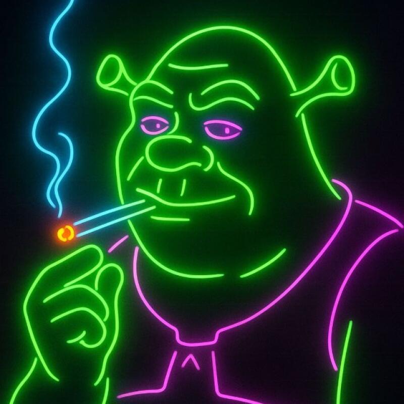 A neon-style image of Shrek smoking a cigarette with blue smoke, featuring a green face, pink eyes and suit details, and a black background.