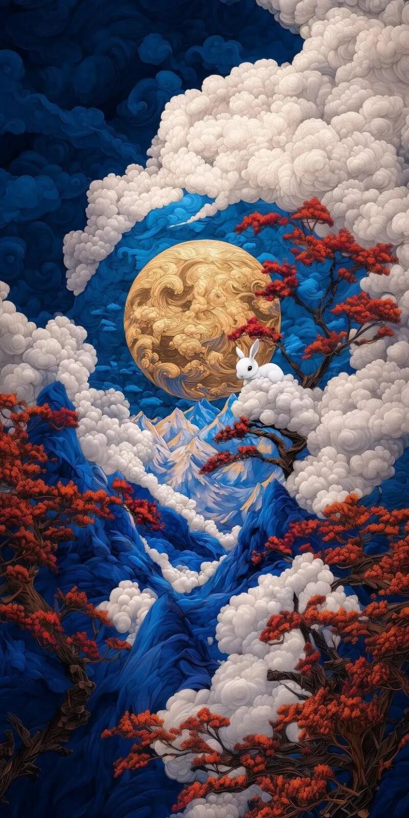 The image shows a whimsical landscape with a large, textured moon, blue mountains, and red-leaved trees, all surrounded by fluffy white clouds, with a small white rabbit sitting on a cloud-covered branch.