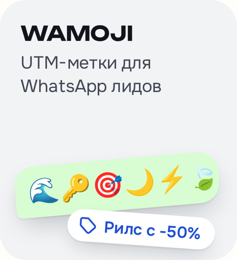 A light gray background displays "WAMOJI" and "UTM-метки для WhatsApp лидов" in dark text. Below, a light green rounded rectangle contains six emojis: a wave, a key, a target with a dart, a crescent moon, a lightning bolt, and a leaf with wind. A white rounded label with a blue tag icon and text "Рилс с -50%" overlaps the green rectangle.