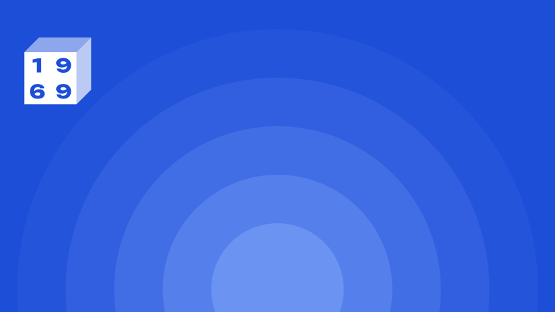 A blue background with concentric light blue arcs, featuring a white 3D cube in the top-left corner displaying the numbers "1 9" and "6 9" in blue.
