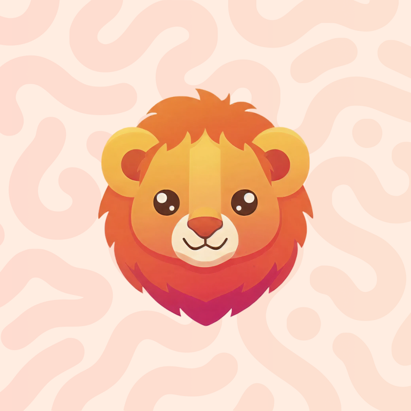 Illustration of a cute lion head with an orange mane and a smiling expression on a background with a light pink pattern.