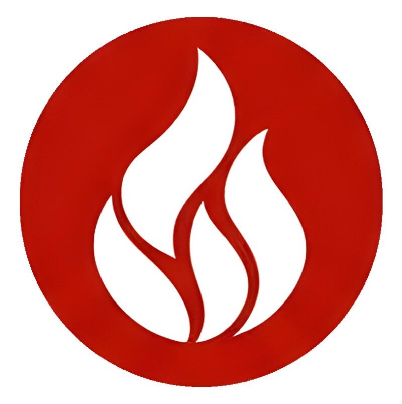 A red circle contains a white stylized depiction of flames.