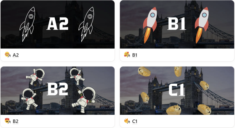 The image contains four panels with the Tower Bridge in London as a backdrop, each labeled with a level: A2 with rocket drawings, B1 with cartoon rockets, B2 with cartoon astronauts, and C1 with flying doge images.