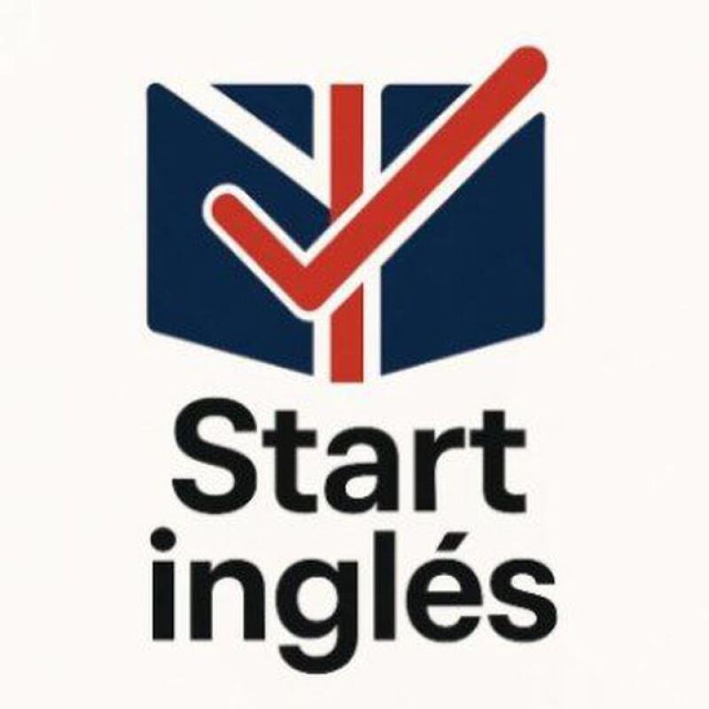 The image features a logo with a blue square containing white lines and a red checkmark, above the text "Start inglés" in black font.