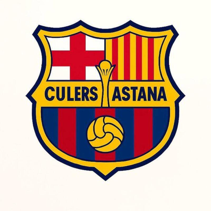 The image shows a crest in yellow and blue, with a red cross on the upper left and yellow and red stripes on the upper right. The text "CULERS ASTANA" is visible. There is a golden cup above and a soccer ball design below.