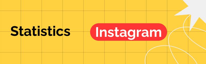 The image shows the words 'Statistics' and 'Instagram' against a yellow grid background, with 'Instagram' in a red rounded rectangle and abstract white shapes on the side.